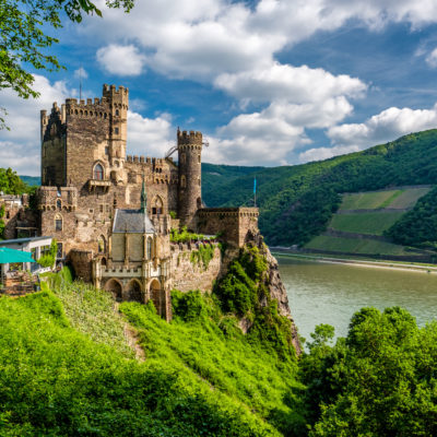 Rheinstein Castle at Rhine Valley (Rhine Gorge) in Germany. Built in 1316 and rebuilt in 1825-1844.