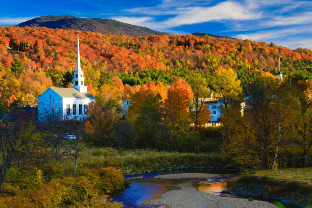 Rural Vermont town during peak foliage season.