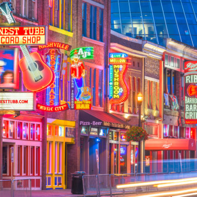 NASHVILLE, TENNESSEE - AUGUST 20, 2018: Honky-tonks on Lower Broadway. The district is famous for the numerous country music entertainment establishments.