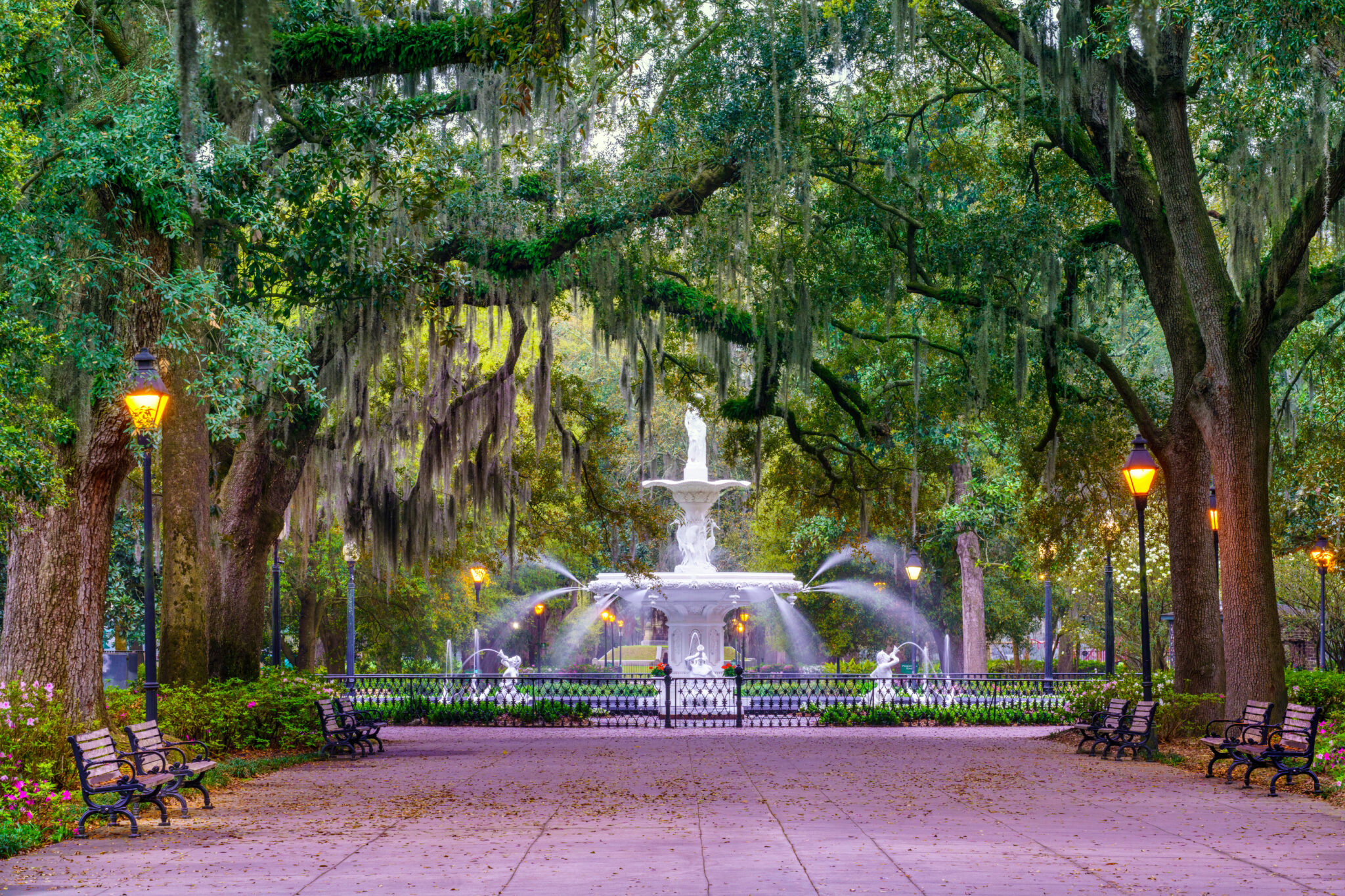 Forsyth Park fountain framed by live oak trees in Savannah