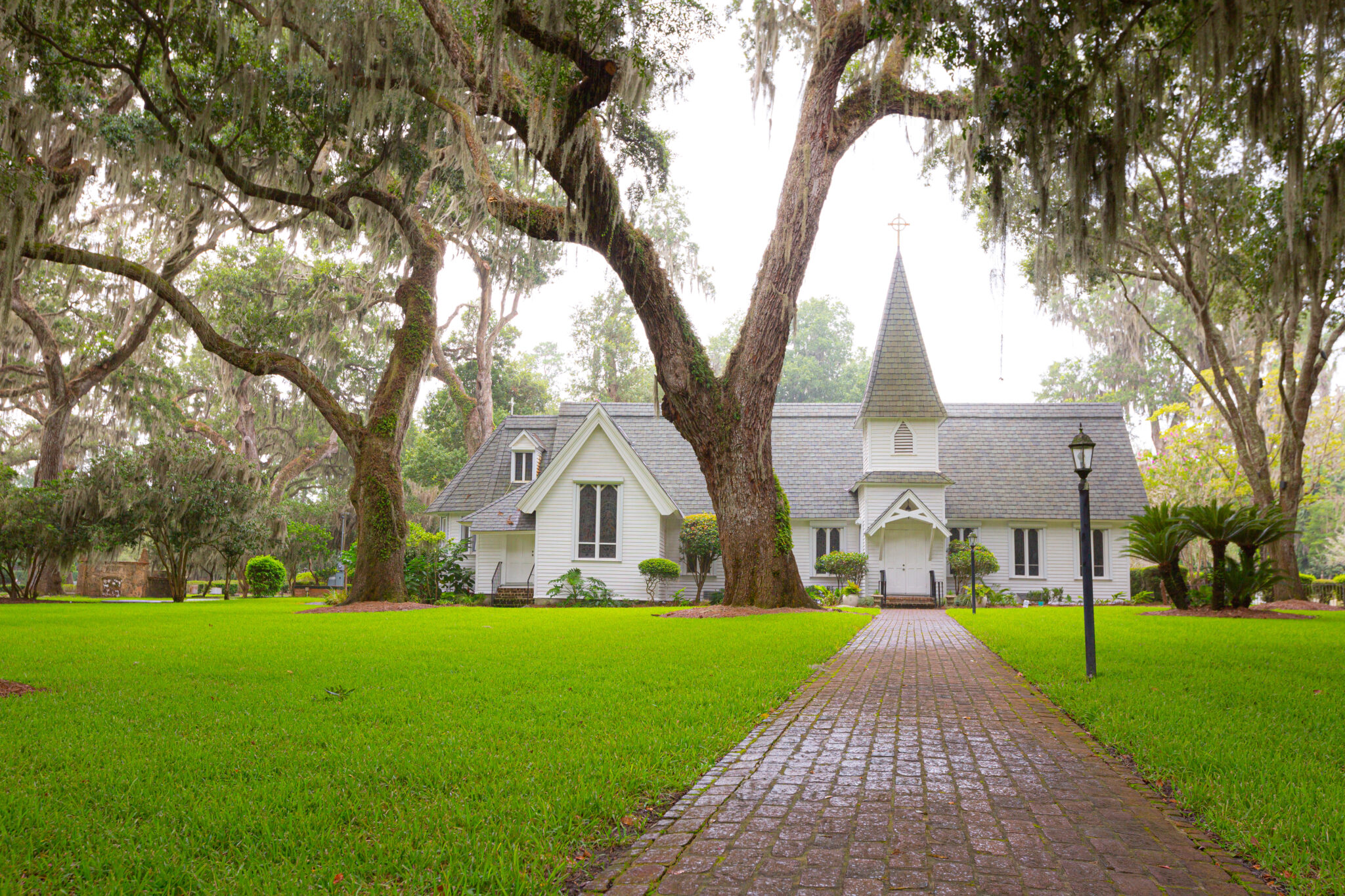Historic chapel beneath live oak trees on Jekyll Island